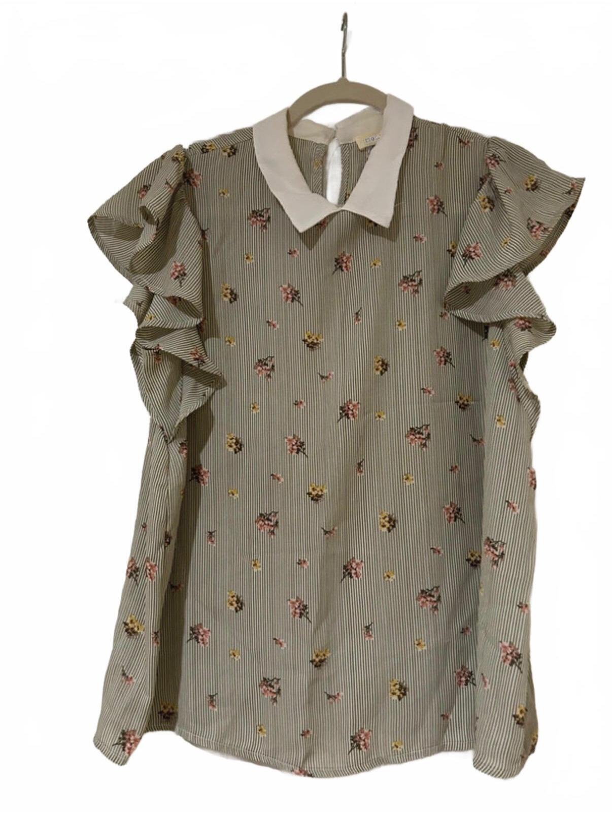 Monteau Los Angeles Floral Striped Ruffle Sleeve Blouse Size Xl